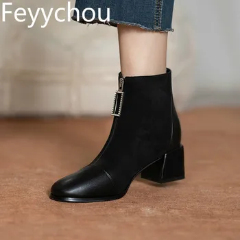 

Women's Boots Spring Autumn Med Heel Flock Basic Square Toe Ankle Crystal Zip Patchwork 2020 New Sexy Fashion Casual Apricot