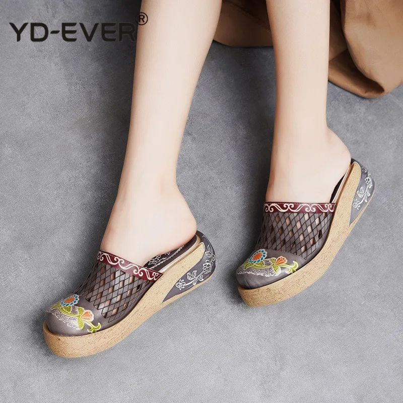 Genuine Leather Shoes Hollow Slippers Handmade Slides Flip Flop On The Platform Clogs For Women Woman Plus Size | Обувь