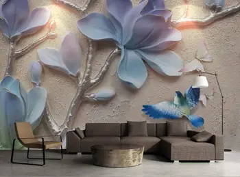 

CJSIR New Silk Material New 3d Wallpaper Relief Blue Magnolia Blooming Bird Wall Mural Decorative Painting 3d Wallpaper Decor