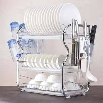 

Kitchen stainless steel 3-layer dishes and white dish rack + knife rack + water cup rack Kitchen stainless steel dish rack 6*