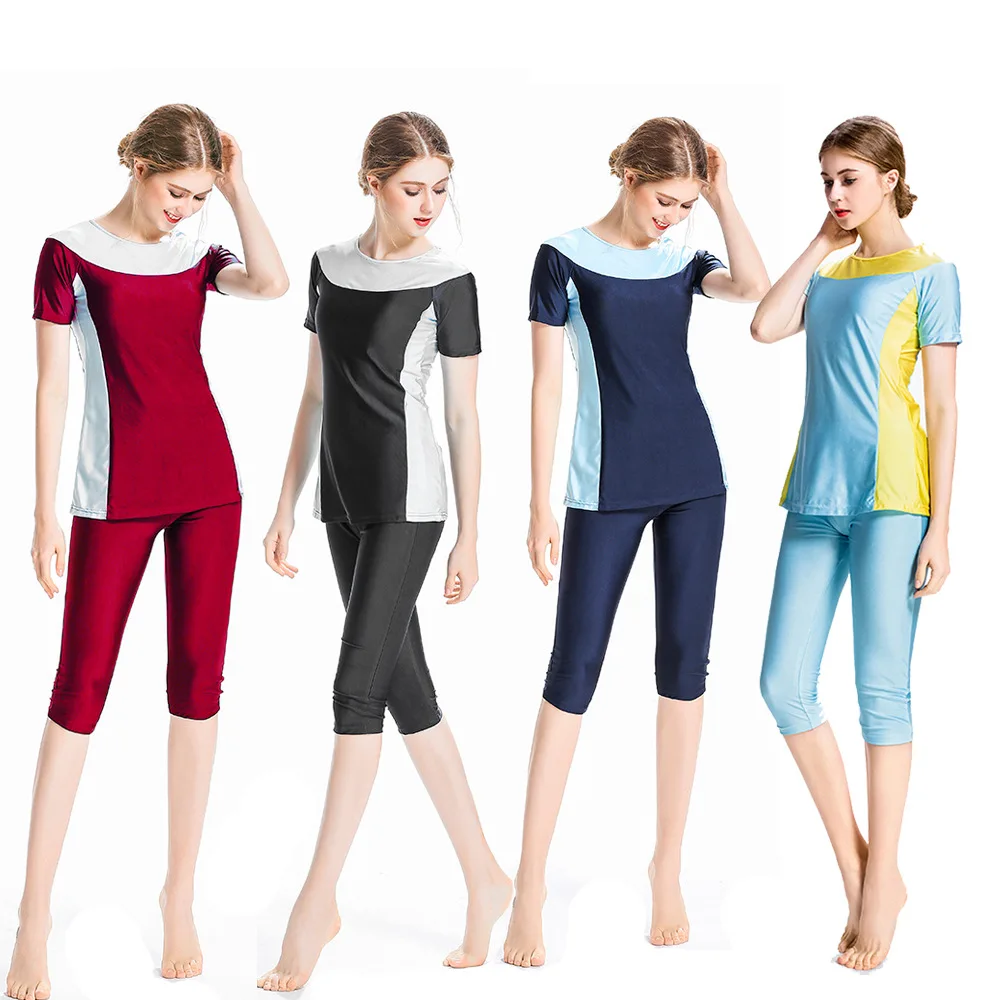 

2019 Muslim Conservative Women Bathing Suit Summer Mixed Colors Short Sleeve Shorts Set Split Type Beach Bathing Suit
