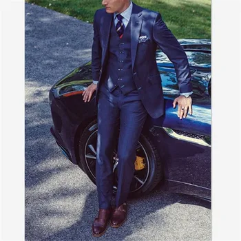 

New Classic Men’s Suit Smolking Noivo Terno Slim Fit Easculino Evening Suits For Men Blue Groom Tuxedos Double-Breasted Peaked L