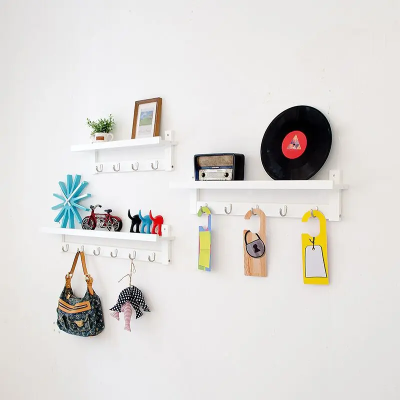 

] Household Wall Storage Shelf Partition Creative Solid Wood Wall Hallstand Wall Hangers Clothes Rack