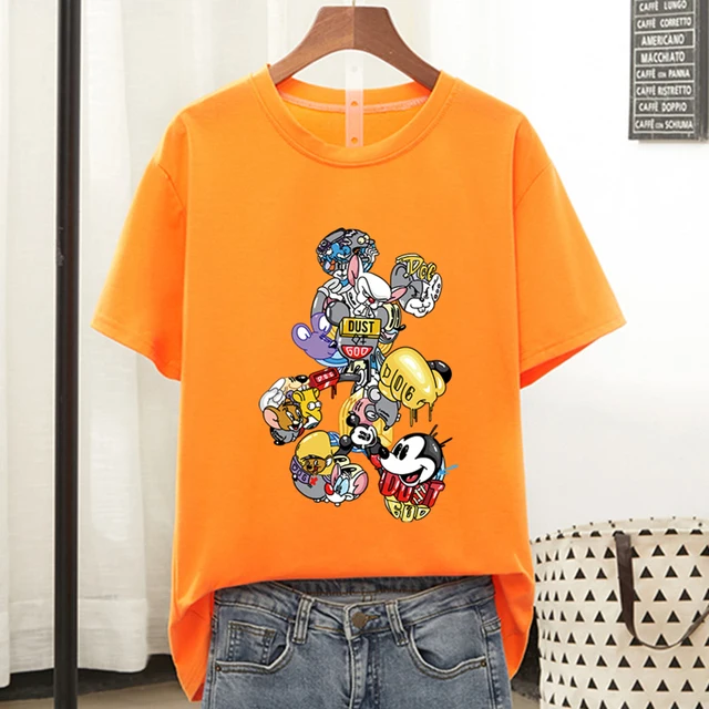 Disney Colorful Mickey Mouse T Shirt Women 2021 Summer Tshirt Graphic Tee Cool Women T-shirt Female Tee Shirt 90s Aesthetic Tops Orange