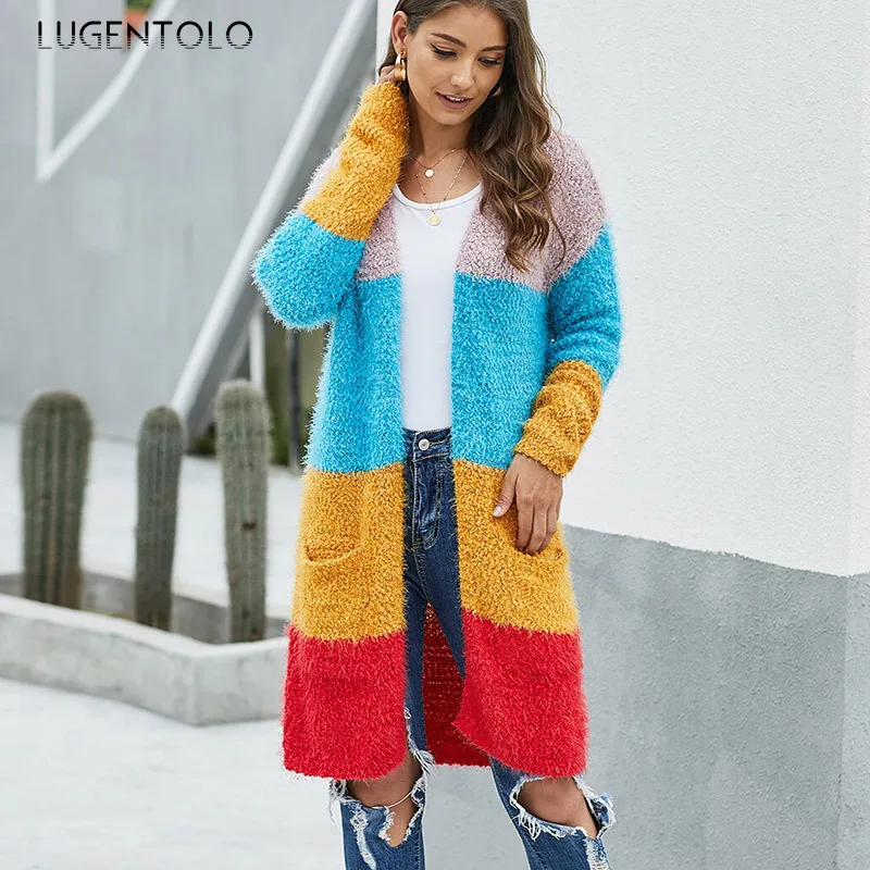Lugentolo Womens Sweaters Winter New Fashion Pocket Sweater Long Long Sleeve Multicolor Stitching Knit Cardigan