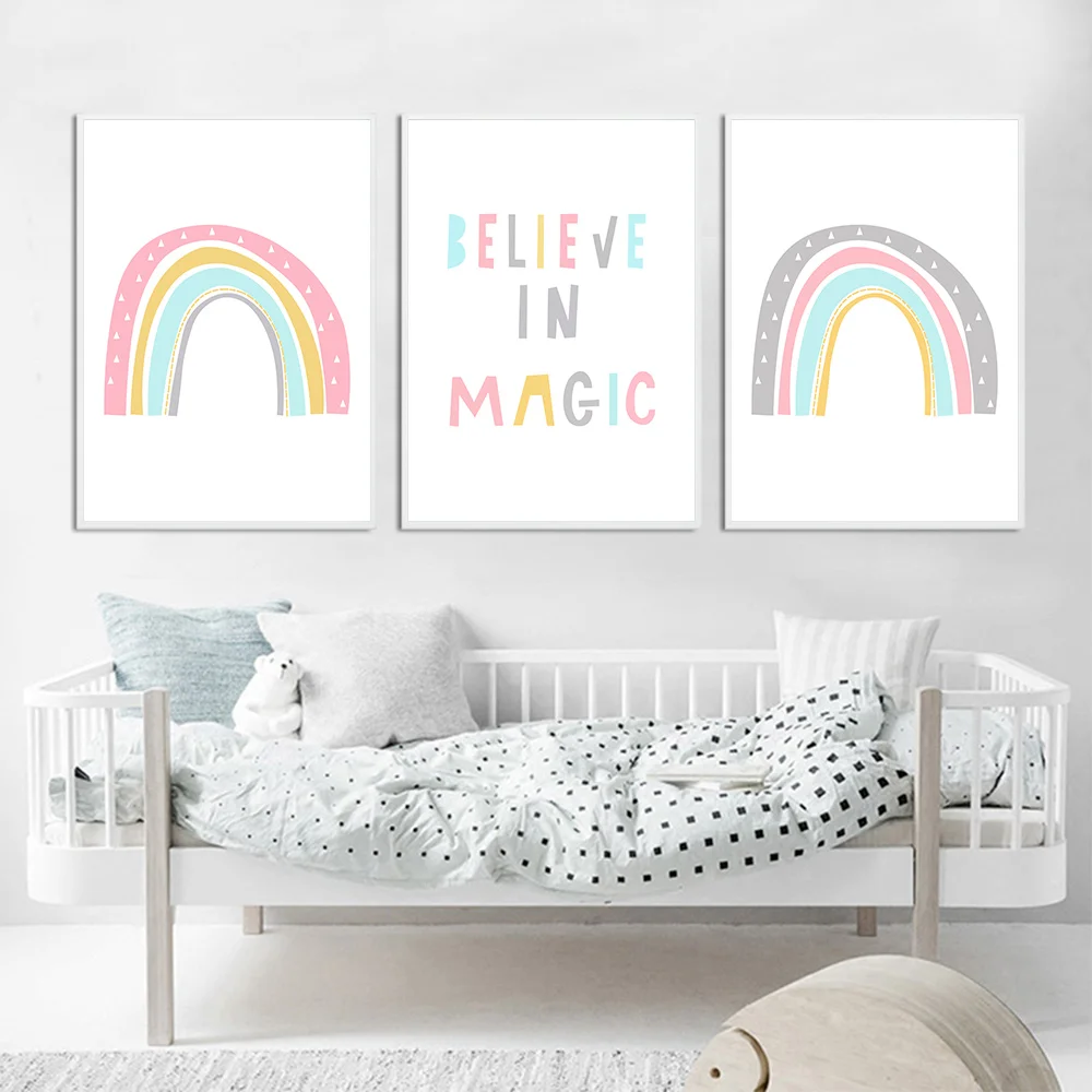 Colorful-Rainbow-Nursery-Canvas-Print-Poster-Believe-In-Magic-Quotes-Wall-Art-Posters-Pink-Wall-Painting (1)