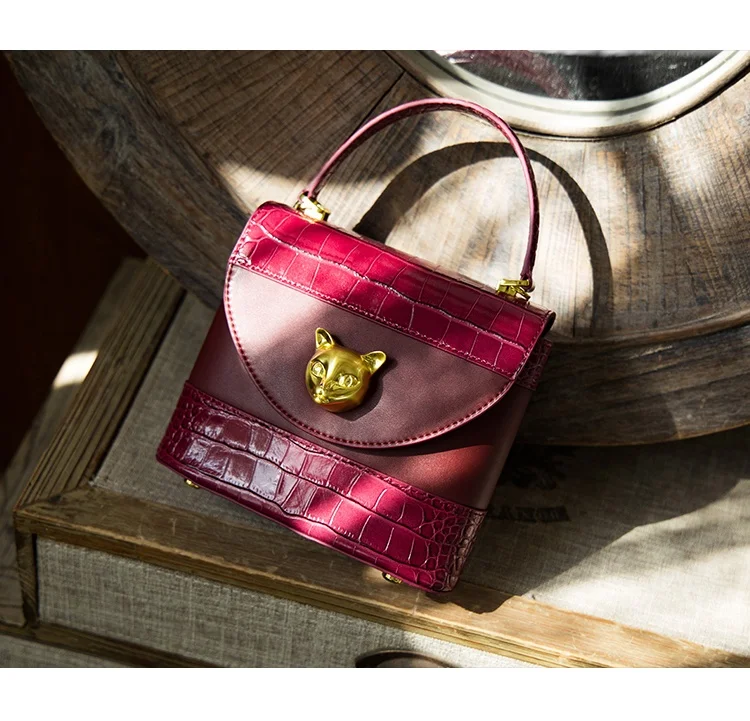 Luxury golden charm bag for cat lover premium genuine leather bag golden charm
