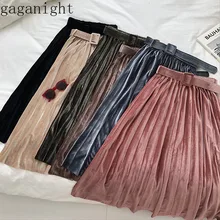 Gaganight бархатная элегантная женская длинная Плиссированная юбка эластичная высокая талия однотонные женские юбки весна осень корейский шик Fladas свободные