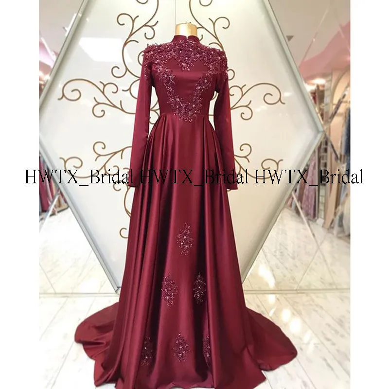 HWTX_Bridal с длинным рукавом мусульманское вечернее платье Новое с высоким воротом А-силуэт бордовое атласное длинное платье для выпускного вечера арабское официальное платье