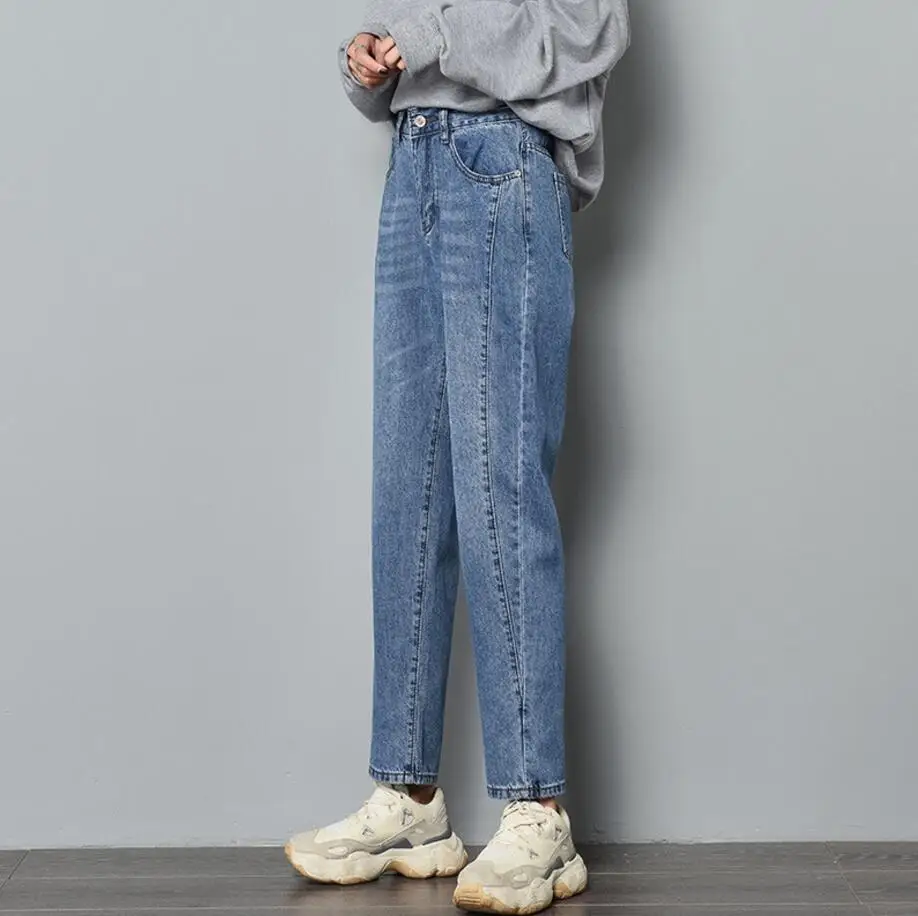 Cotton Straight Jeans Woman Elasticity High Waist Jeans woman plus size mom jeans blue New Loose harem pants hot sale