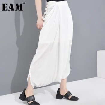 

[EAM] High Waist White Button Linen Thin Pleated Trousers New Loose Fit Pants Women Fashion Tide Spring Summer 2020 1W04200S