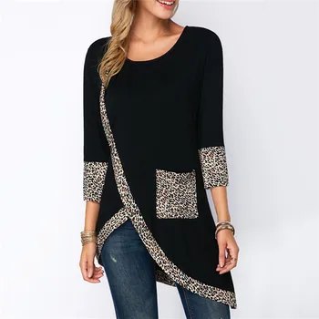 

Women Blouse Shirt 3/4 Sleeve Leopard Print Pockets Casual O-Neck Irregular Shirt Women Tops Autumn Spring Warm Blouse