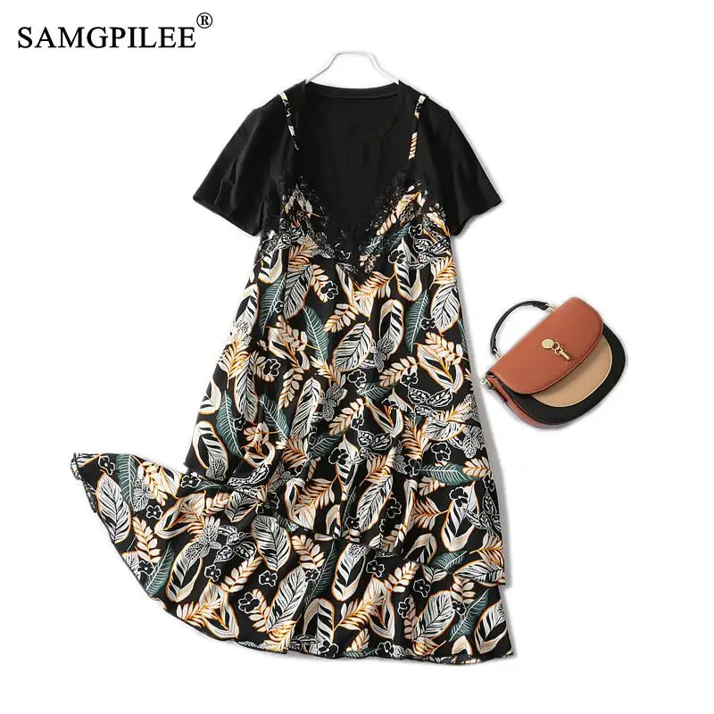 

Женское платье с имитацией двух частей, Новинка лета 2022, модные повседневные Лоскутные платья-трапеции до колена с коротким рукавом и принтом в стиле ампир, платья с круглым вырезом