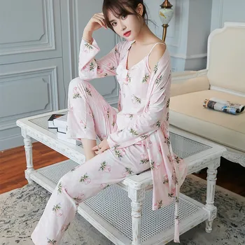 

Sleep Lounge Pajama Set Sexy Sling Sleepwear 3Pcs Autumn Pyjama Femme Fashion Flower Pajamas for Women with Chest Pad mujer