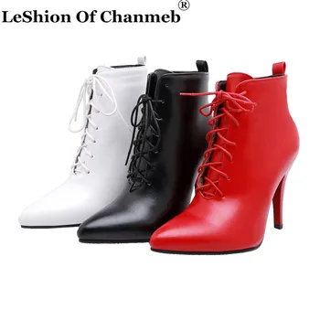 

Promotion Cheap High Quality PU Leather Sexy Pointed Toe Thin High Heels Lace up Ankle Boots for Women Ladies Spring Autumn Shoe