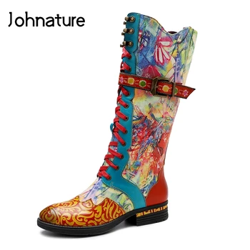 

Johnature Long Women Boots Warm Genuine Leather 2020 New Lace-up Women Shoes Mixed Colors Round Toe Zipper Retro Platform Boots
