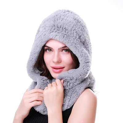 Женская шапка, новинка, меховая шапка из натурального кролика, шапка, шарф, зимняя теплая шапка из натурального меха с шейным шарфом из меха джиали - Цвет: Серый