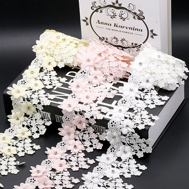 

Soluble Polyester 3D Flowers Embroidered Lace Trim Ribbon Fabric Handmade Sewing Craft For Costume Hat Decoration 100 yards