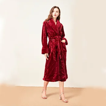 

Burgundy Solid Lovers Robe Kimono Gown Sleepwear Casual Bathrobe Gown Soft Homewear Winter Warm Flannel Nightwear Nightdress