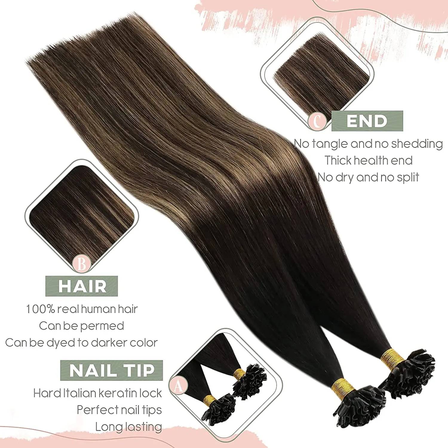 Ugeat U Tip Hair Extensions 100% Real Human Hair 14-24" Natural Straight Pre Bonded Extensions 100g Nail Tip Extension