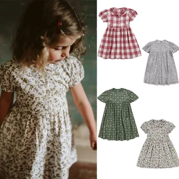 

EnkeliBB LCC Children Floral Dress Short Sleeve Summer Linen Tutu Dresses Bohemia Toddler Girl Brand Sweet Dress Red Plaid