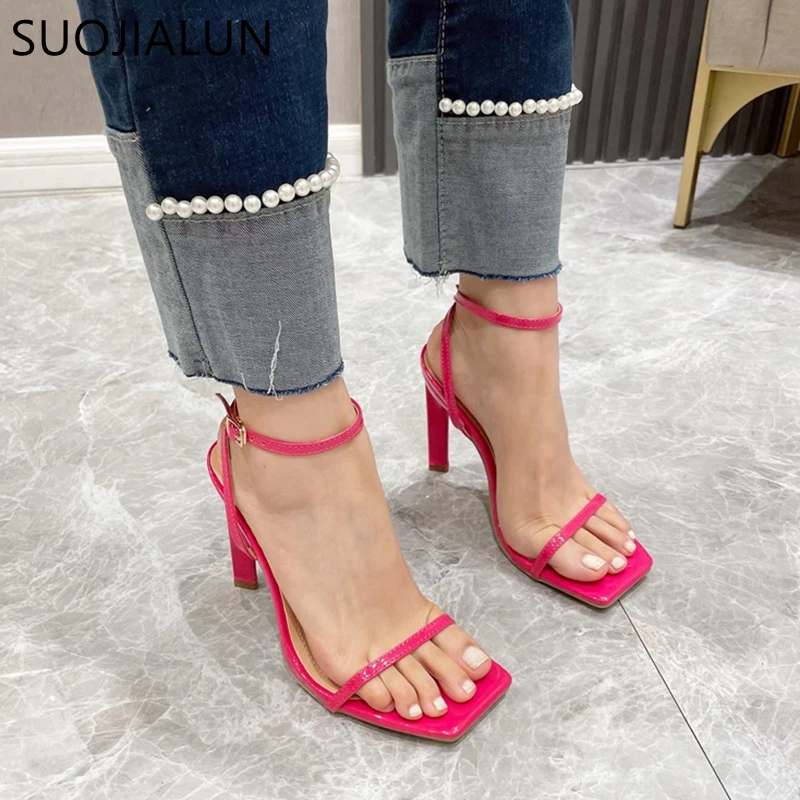 SUOJIALUN Summer Narrow Band Women Sandals Shoes Thin High Heel Square Toe Ladies Ankle Buckle Strap Sexy Dress Pumps S women high heels platform high heels sandals ankle buckle sandals