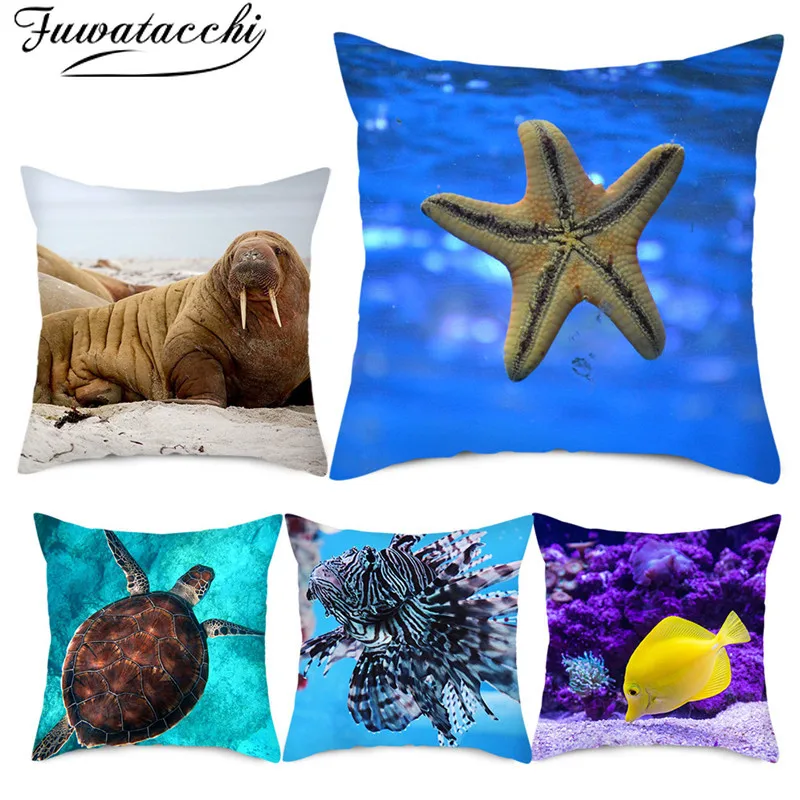 Fuwatacchi Jellyfish Marine Life Printed Pillow Case Starfish Turtle Shark Cover for Home Sofa Decorative Cushion Covers | Дом и сад