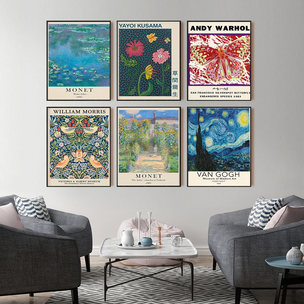 

Yayoi Kusama Flower Poster Vintage Monet Lake Road Landscape Exhibition Art Canvas Painting Wall Painting Living Room Home Decor