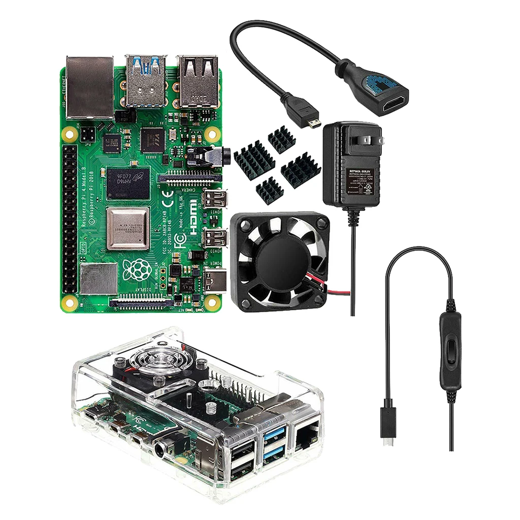 Raspberry Pi 4 Model B 4GB RAM + Case + Fan + Heat Sink + Power Adapter + Micro HDMI Cable for RPI 4B