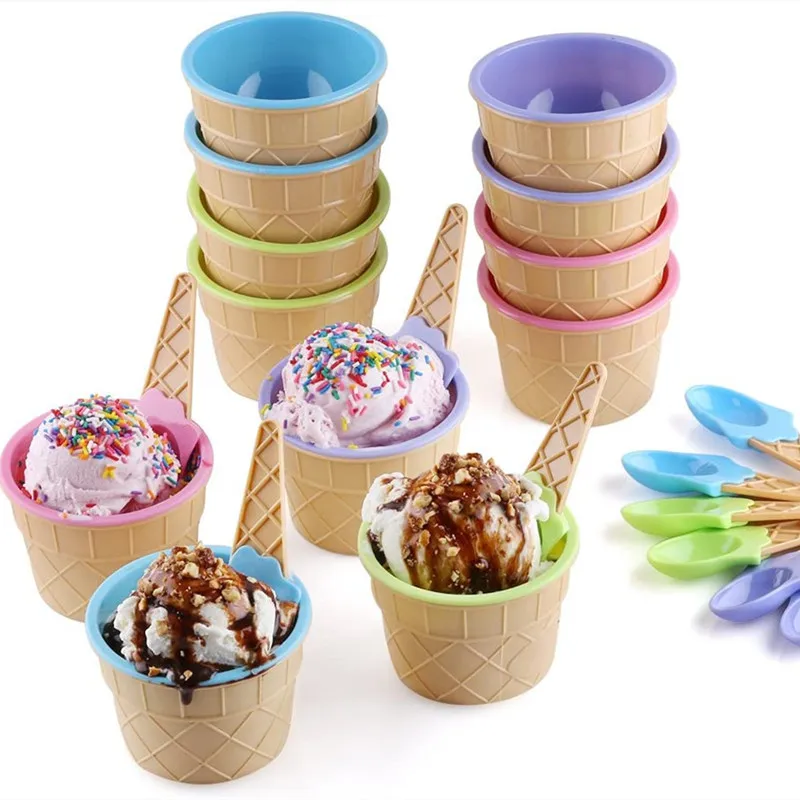 Children's Plastic Ice Cream Bowls Spoons Durable Ice Cream Cup Dessert Bowl XI 
