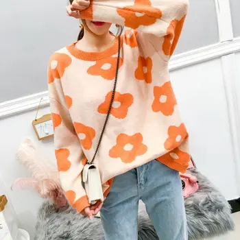 

2019 Autumn Winter New Women Fashion Long Sleeve Sunflower Knitted Loose Pullovers Sweaters Casual Outwear Sweater Coat