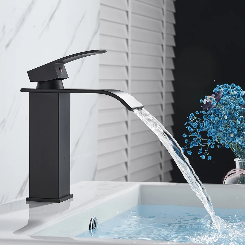Bathroom Faucet Bathroom Waterfall Basin Sink Faucet Black Faucets Brass Bath Faucet Hot&Cold Water Mixer Vanity Tap Deck Mounted Washbasin Taps