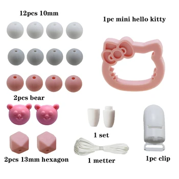 

DIY SET Silicone Teether Wood Beads Set BPA Free DIY Baby Teething Necklace Toy Cartoon fox kitty Pacifier chain Clip