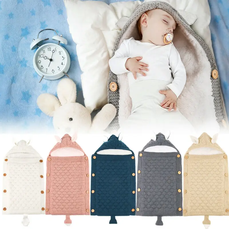 Newborn Toddler Baby Knitted Swaddle Wrap Blanket Cute Cartoon Ear Button Hooded Crochet Winter Warm Little Sleeping Bags | Мать и