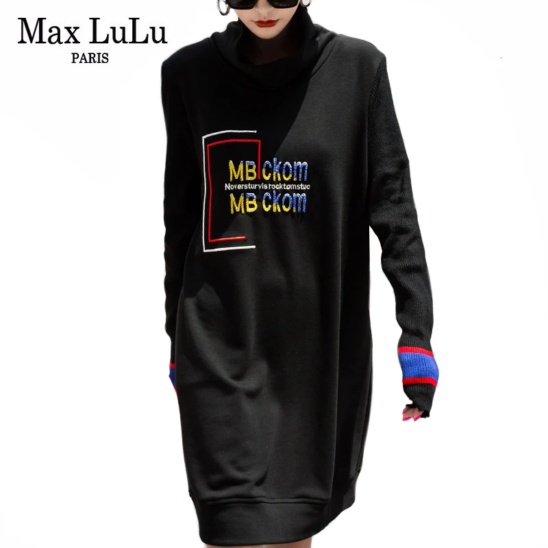 Max LuLu Роскошные корейские женские панк зимние теплые уличная Женская негабаритная вышивка свободные трикотажные платья Повседневная праздничная одежда