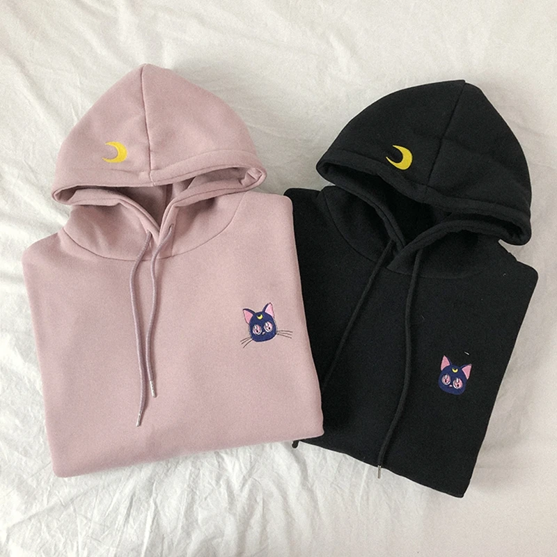 Huapate вышитые Луна кошка розовые толстовки для женщин Kawaii корейский стиль свободная толстовка с капюшоном пуловеры