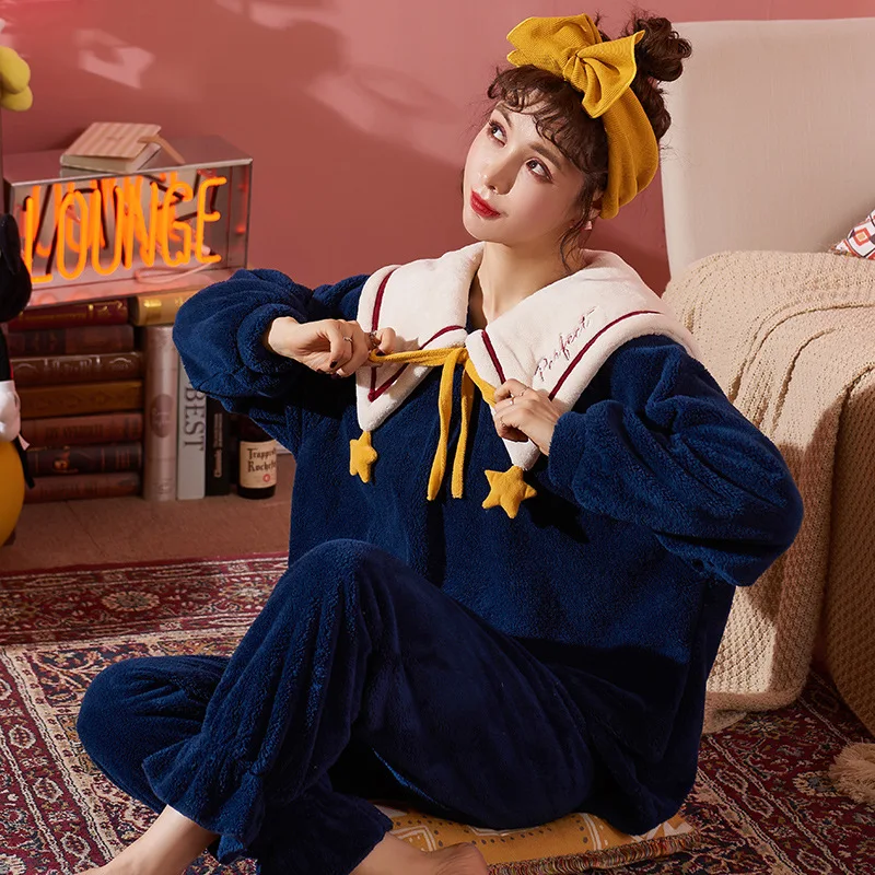 

2020 Fall/Winter New Thicken Flannel Women's Pajamas Sets Navy Collar Loose Female Homewear Women Sleepwear Sets