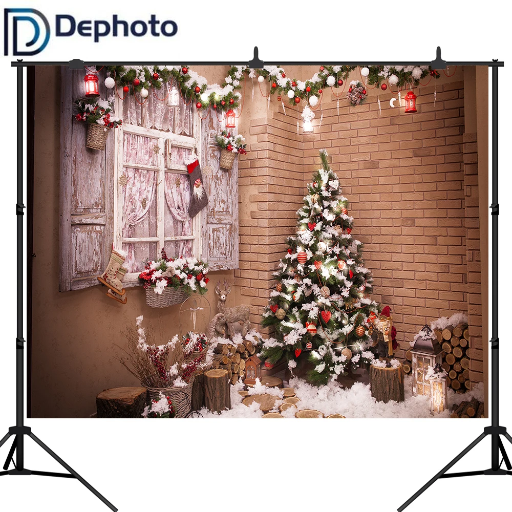 

Dephoto Christmas Tree Backgrounds Photography Brick Wall Windows Decor Indoor Family Party Children Backdrop Photocall Studio