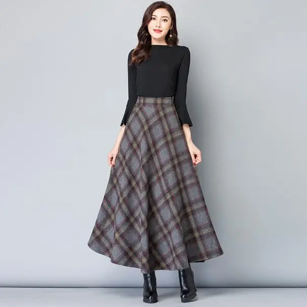 

Women Vintage Winter Plaid Skirt England Style Woolen Plaid Skirts High Waist A line Wool Tartan Long Plaid Skirt DC288