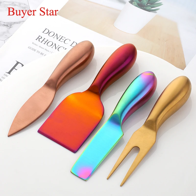 4Pcs/set Gold Cheese server set Stainless steel cutlery Butter Cutter knife table ware forks metal food cake shovel tool
