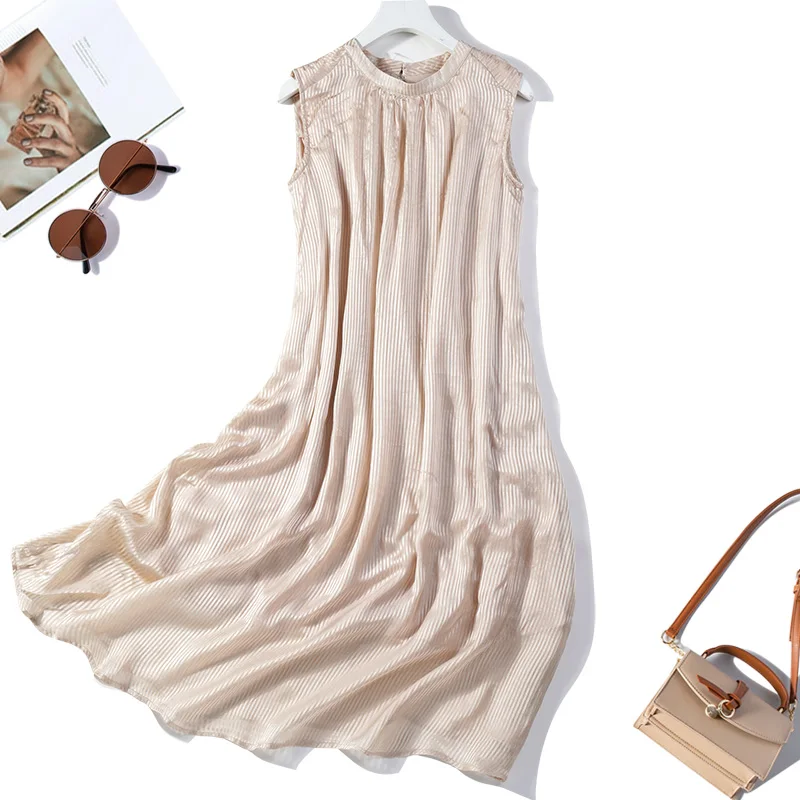 Women's 100 Pure Silk Light Champange Stripes Sleeveless Cotton Lining