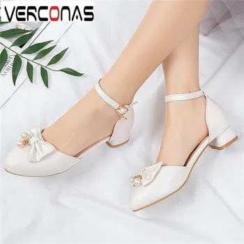 

VERCONAS Women Pearl Top Quality Classic Design Butterfly Knot Thick Heels Office Shoes Summer Sandals Concise Shoes Woman