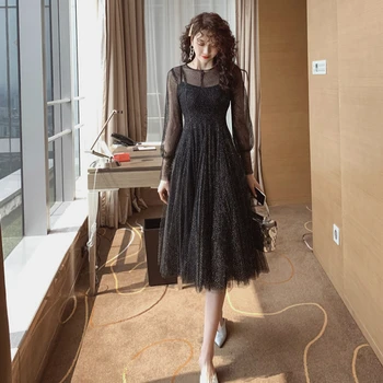 

Women Solid Tulle Dress Autumn Winter 2019 Big Swing Modis Black Dress for Wedding Party Long Sleeve Vintage Elegant Mesh Dress
