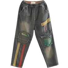 OMIKRON Осенние новые модные наклейки вышитые джинсы эластичная талия повседневные свободные шаровары большого размера женские брюки