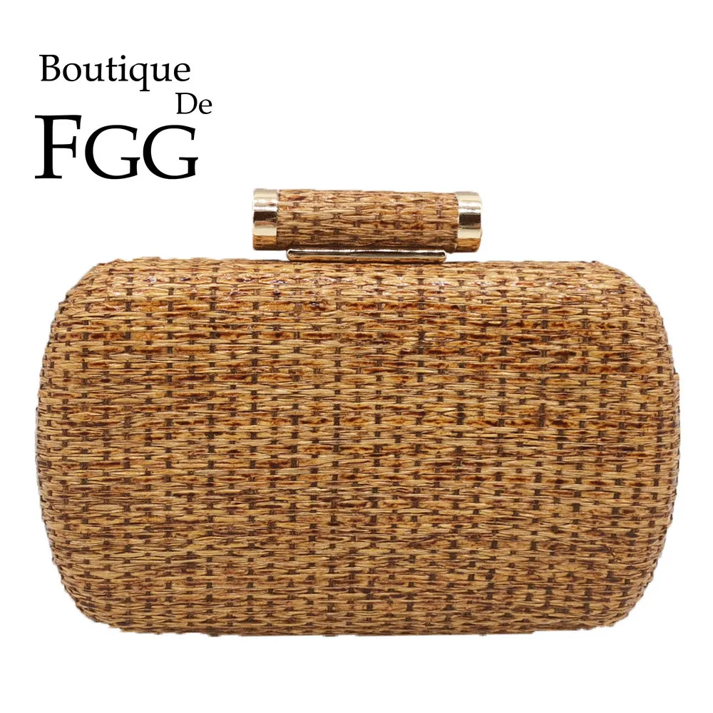 Boutique De FGG Straw Women Metal Clutches Chain Shoulder and Crossbody