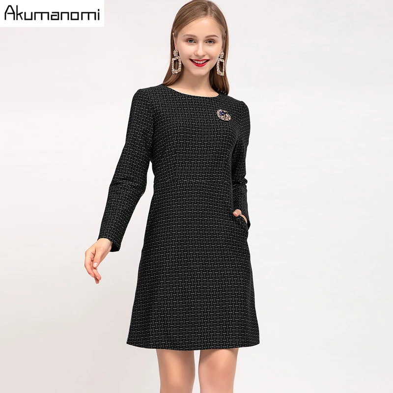 Женское платье в клетку, Осеннее, размера плюс 5xl-l, повседневное, синее, расшитое бисером, бриллиантами, с круглым вырезом, с длинным рукавом, весенние, офисные, вечерние платья, платье Vestidos