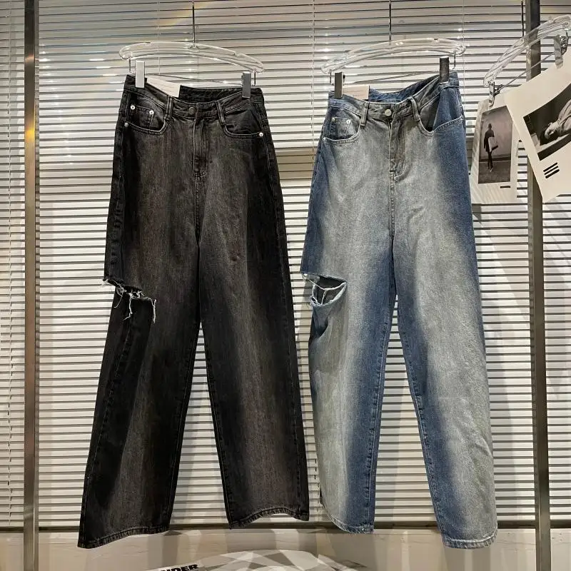 

Fall 2021 new fashion casual jeans with holes on the side of the knee, washed and white loose denim wide-leg pants women