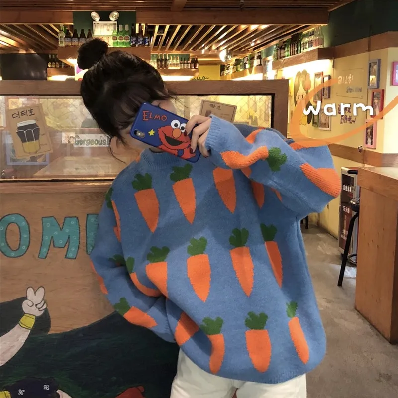 Зимний Корейский женский свитер Kawaii морковный узор Повседневный негабаритный вязаный пуловер Бежевый Желтый Синий pull femme T368