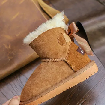 

New Kids Snow Boots Bowknot Girls Boots Keep Warm Parent Children Winter Shoes Genuine Leather Princess Shoes Botte Enfant Fille