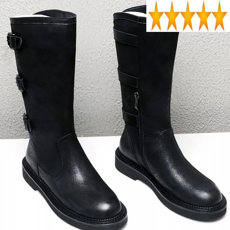

Belt Buckle Flat Vintage Women Autumn Winter New Motorcycle Riding Boots England Style Black Casual High-Top Shoes Woman
